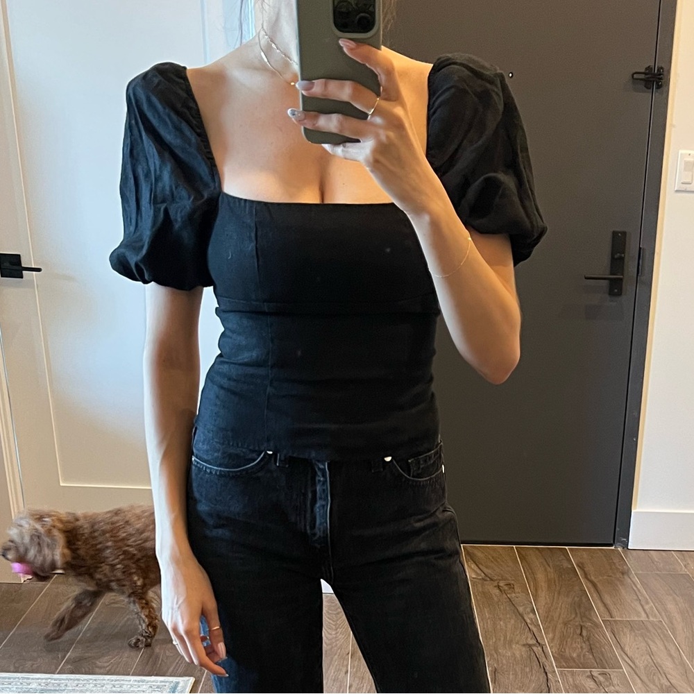 Reformation Linen Black Top with Shor Sleeves